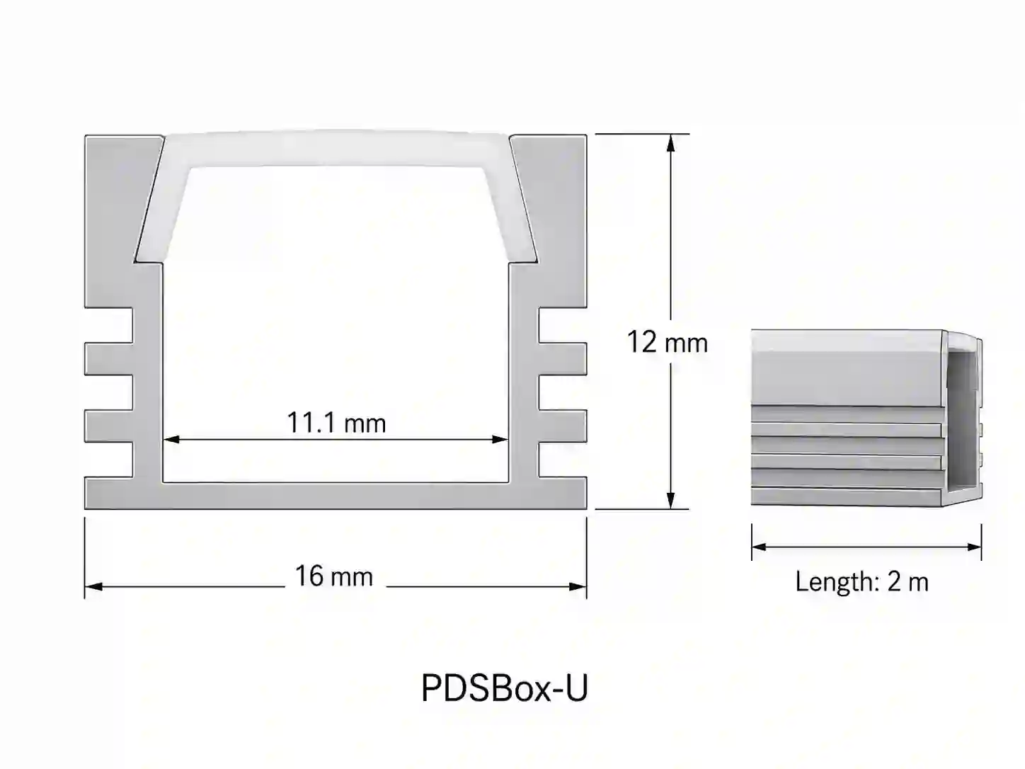 Pohled shora na profil PDSBox-U 16mm kanál 11,1mm výška 12mm stříbrný elox délka 2 metry